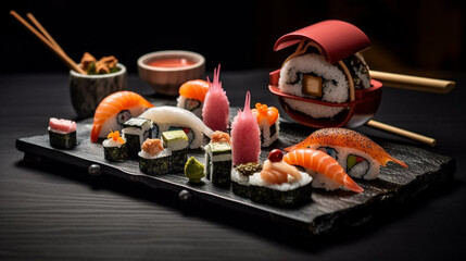 Beautiful sushi rolls Asian food set in a luxury restaurant isolated on a dark background. Generative AI illustration