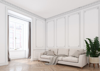 White living room with sofa, Scandinavian interior design, cozy living room with bright wall mockup, plant decor near sofa on wood floor, 3D illustration