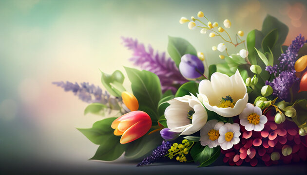Summer blossom delicate floral bouquet on blurred multicolor bokeh background. Abstract background. Generative AI