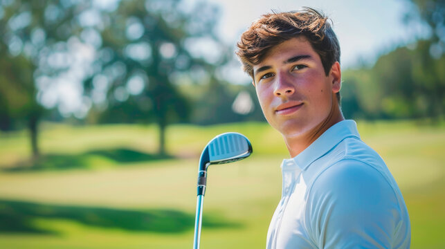 Portrait of a golfer in a white shirt and with a club in his hands on the golf course.