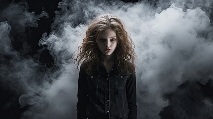 Girl alone in the dark, solitude, war, depressione, smoke, black background.