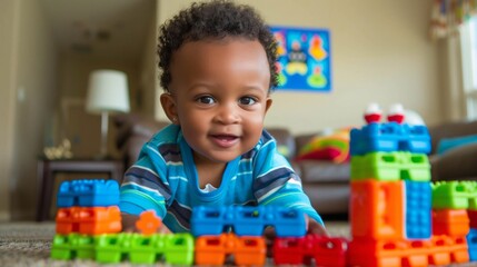 African American Toddler Playing with Building Blocks at Home