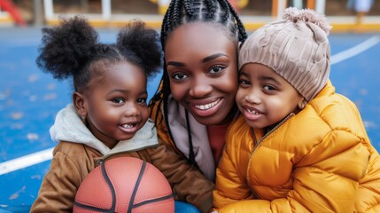Young African American Mother with Children and Basketball - obrazy, fototapety, plakaty