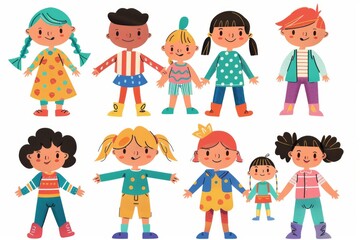 Fototapeta premium Variety of cartoon vector children in colorful outfits. A diverse group of cartoon children standing in row wearing various colorful outfits representing different styles and personalities 