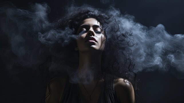 Woman alone in the dark, solitude, war, depression, smoke, black background.