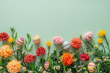 Obraz premium Flowers and easter eggs on light green background