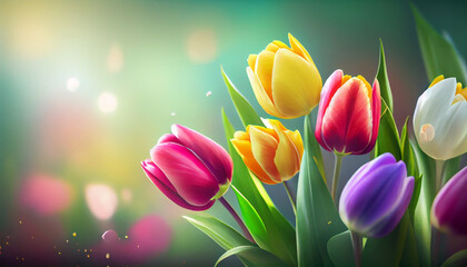 Spring tulip bouquet on blurred bokeh background, isolated flowers. Bright colourful composition. Generative AI