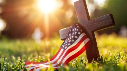 Honoring Heroes on Memorial Day with American Flag and Cross - obrazy, fototapety, plakaty