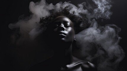Black woman alone in the dark, solitude, war, depression, smoke, black background.