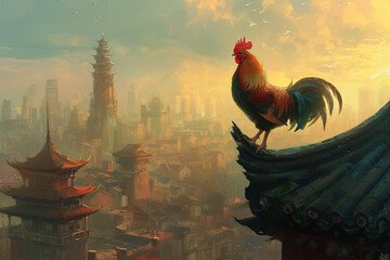a chicken on a tall building in the city - obrazy, fototapety, plakaty