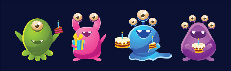 Funny Monster Celebrate Birthday Holiday Vector Set