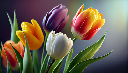 Spring tulip bouquet on blurred bokeh background, isolated flowers. Bright colourful composition. Generative AI