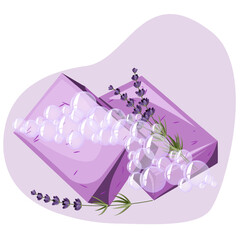 Handmade natural organic lavender soap bars with  lavender sprigs in cartoon flat style. Cosmetic product for hygienic cleanser skincare and washing hands.Vector illustration