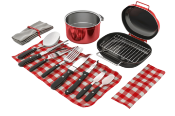 Red and White Checkered Table Cloth With Utensils. On a Transparent Background.