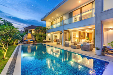 Obraz na płótnie Canvas Beautiful modern luxury villa with swimming pool and outdoor furniture at night in Bali, India. With stars in the sky