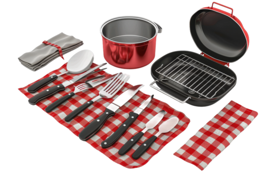 Red and White Checkered Table Cloth With Utensils. On a Transparent Background.