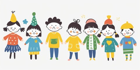 Variety of cartoon vector children in colorful outfits. A diverse group of cartoon children standing in row wearing various colorful outfits representing different styles and personalities 