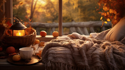 Seasonal autumn flat lay cosy composition, candles and warm bed still life composition, delicious coffee. Generative AI - Powered by Adobe