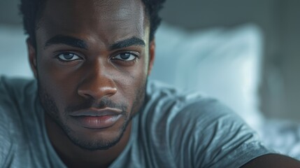 Fototapeta premium Black Man in Bedroom Thinking