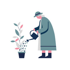 An old woman watering plants in a healthy lifestyle vector illustration, healthy old woman, old woman with watering can