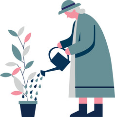 An old woman watering plants in a healthy lifestyle vector illustration, healthy old woman, old woman with watering can