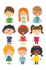 Variety of cartoon vector children in colorful outfits. A diverse group of cartoon children standing in row wearing various colorful outfits representing different styles and personalities 