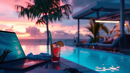  A person working remotely from a rooftop poolside cabana with a laptop and tropical drink - obrazy, fototapety, plakaty