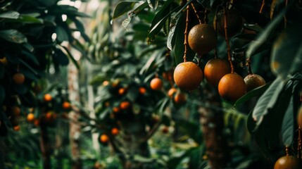 A close-up shot of ripe fruits hanging from trees in a bountiful food forest, 