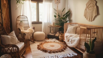A cozy bohemian nursery with soft textiles and natural wood accents,