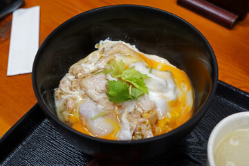 Close up bowl of Chicken teriyaki Don(rice) served with eggs