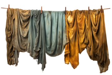 Group of Clothes Hanging From a Clothes Line. On a White or Clear Surface PNG Transparent Background.
