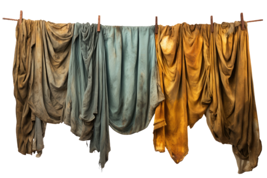 Group of Clothes Hanging From a Clothes Line. On a White or Clear Surface PNG Transparent Background.