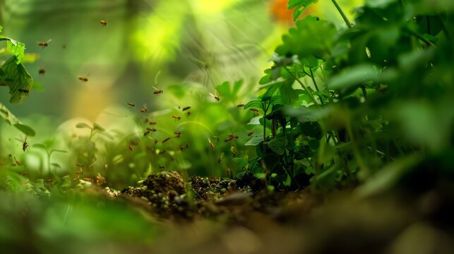 A macro photograph of beneficial insects thriving in a diverse food forest ecosystem, 