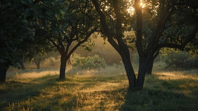 A serene landscape of a food forest at sunrise, with soft golden light filtering through the trees,