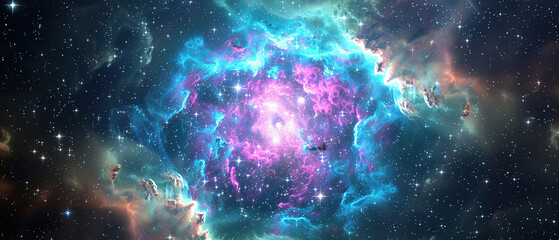 Obraz na płótnie Canvas wallpaper of a supernova explode space, cosmos, blue, pink, green, lot of stars everywhere, 