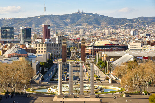 panoramic view from Mount Juic of the city of barcelona with tibidabo and collserola in the back Plaza de espana