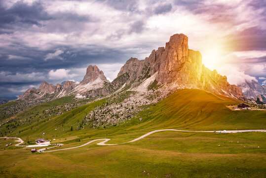 Majestic Dolomite mountains, Italy, in summer. Giau pass panoramic view
