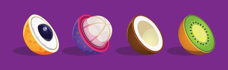 Tropical Fruit Half and Exotic Juicy Food Vector Set
