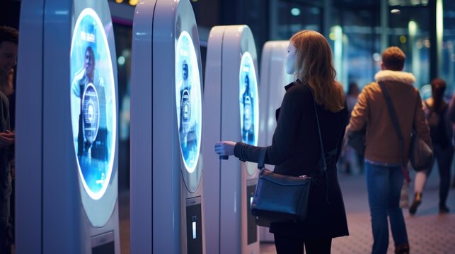Woman operating biometric kiosk machine