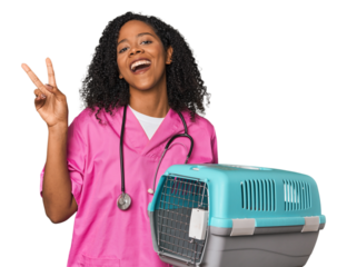 African American vet with pet carrier joyful and carefree showing a peace symbol with fingers.