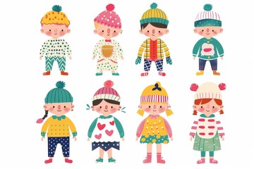 Variety of cartoon vector children in colorful outfits. A diverse group of cartoon children standing in row wearing various colorful outfits representing different styles and personalities 