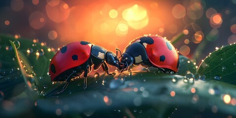 At twilight an ant and ladybug share a leaf to shelter from rain discovering friendship at dawn. Concept Friendship, Nature, Animals, Rain, Twilight - obrazy, fototapety, plakaty