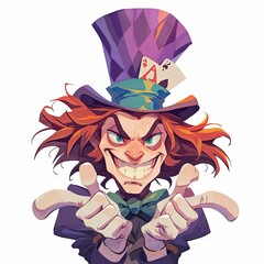 mad hatter character in a whimsical cartoon style on white background, Generative AI