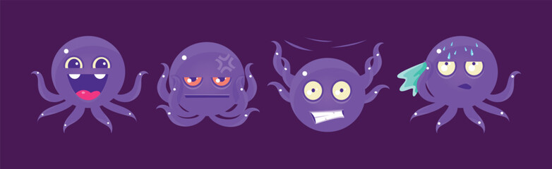 Cute Purple Octopus Character Showing Various Emotion Vector Set
