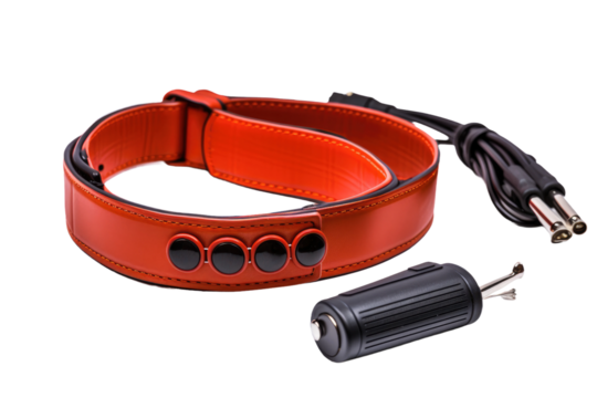 Red Leather Belt With Charger and Cord. On a White or Clear Surface PNG Transparent Background.