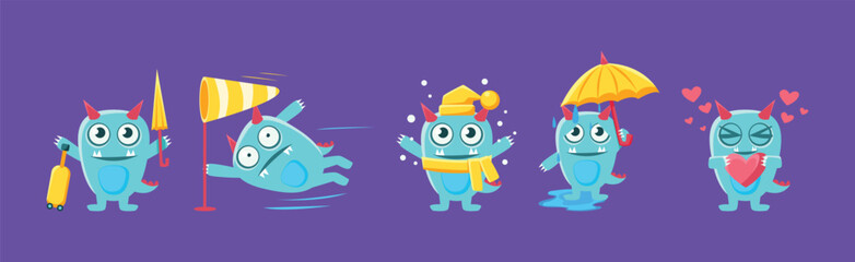 Funny Monster Character Engaged in Different Activity Vector Set
