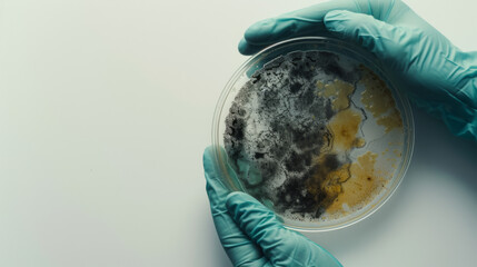 Gloved hands hold a petri dish containing various colorful bacterial colonies. - obrazy, fototapety, plakaty