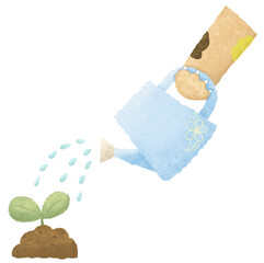 Cat holding a watering can and watering the plants