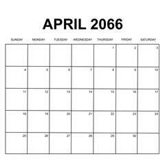 april 2066. monthly calendar design. week starts on sunday. printable, simple, and clean vector design isolated on white background.