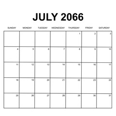 july 2066. monthly calendar design. week starts on sunday. printable, simple, and clean vector design isolated on white background.